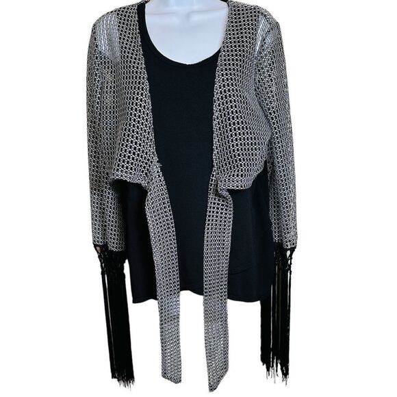 ALEXANDRA KATSAITI Women Open Weave Coverup With Fringe Silver Black Size Small - Picture 11 of 11